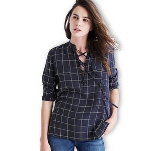 Madewell Navy Blue Window Pane Silk Lace up Long Sleeve Top M Corpcore Preppy